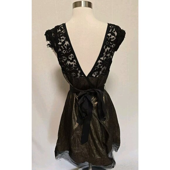 Vera Wang Lavender Label Dress Size 6 Gold Metallic with Black Lace - Picture 3 of 10